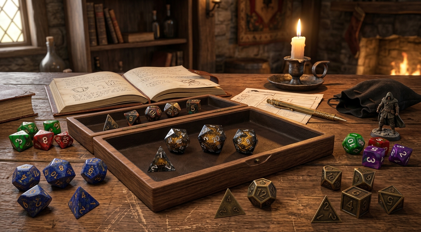 D&D Dice Sets featuring gemstone, resin, and liquid core dice for tabletop gaming